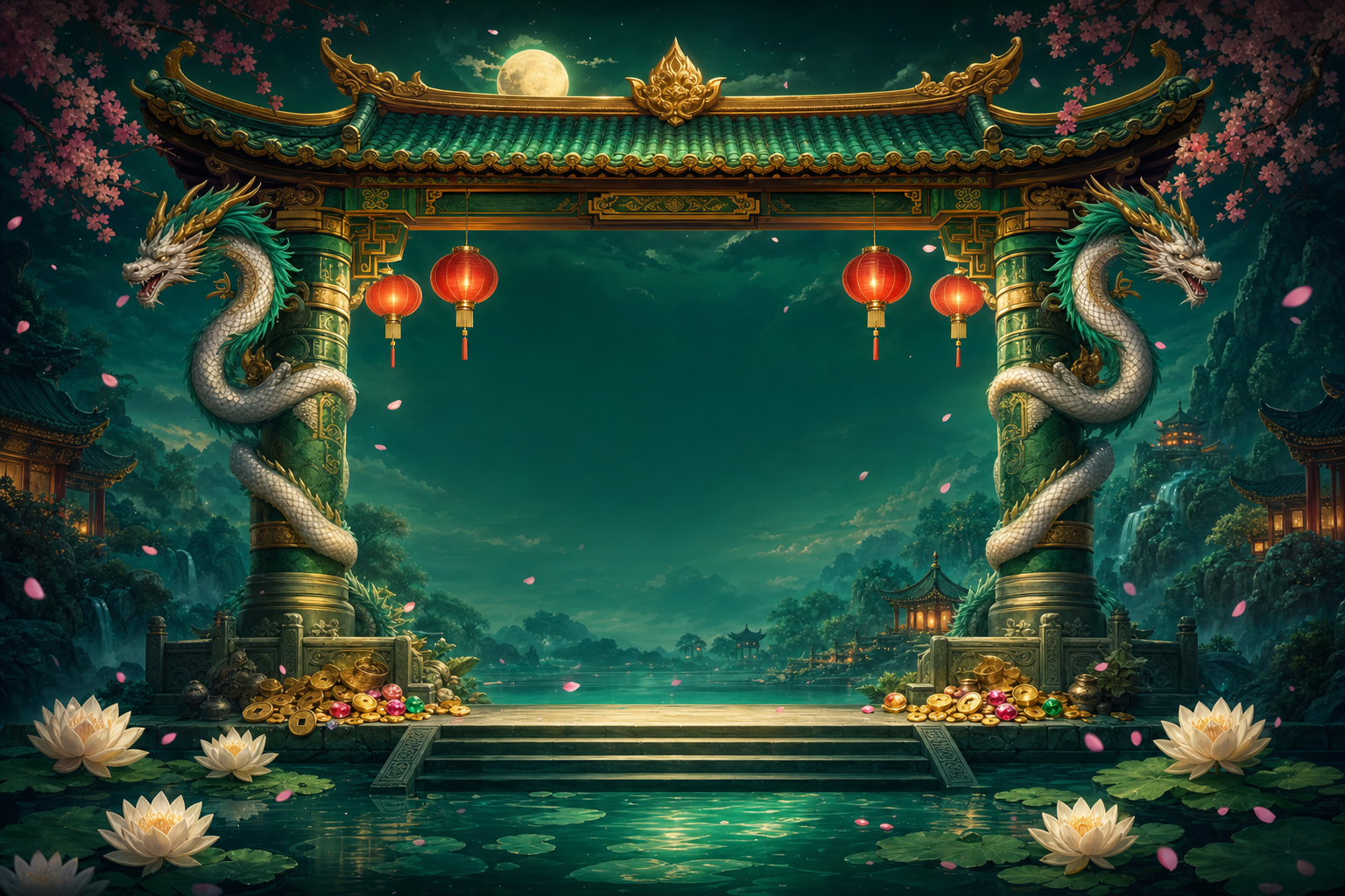 Jade Legends Free Spins by Pragmatic Play — golden pagoda arch between dragon-wrapped columns at night