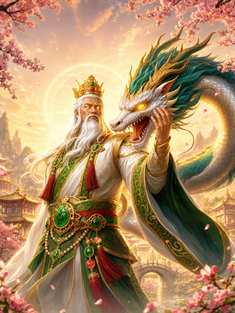 Jade Legends by Pragmatic Play — Dragon Master and jade dragon in a golden temple sunset